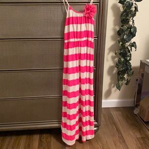 Pink and White striped Maxi dress with Flower.